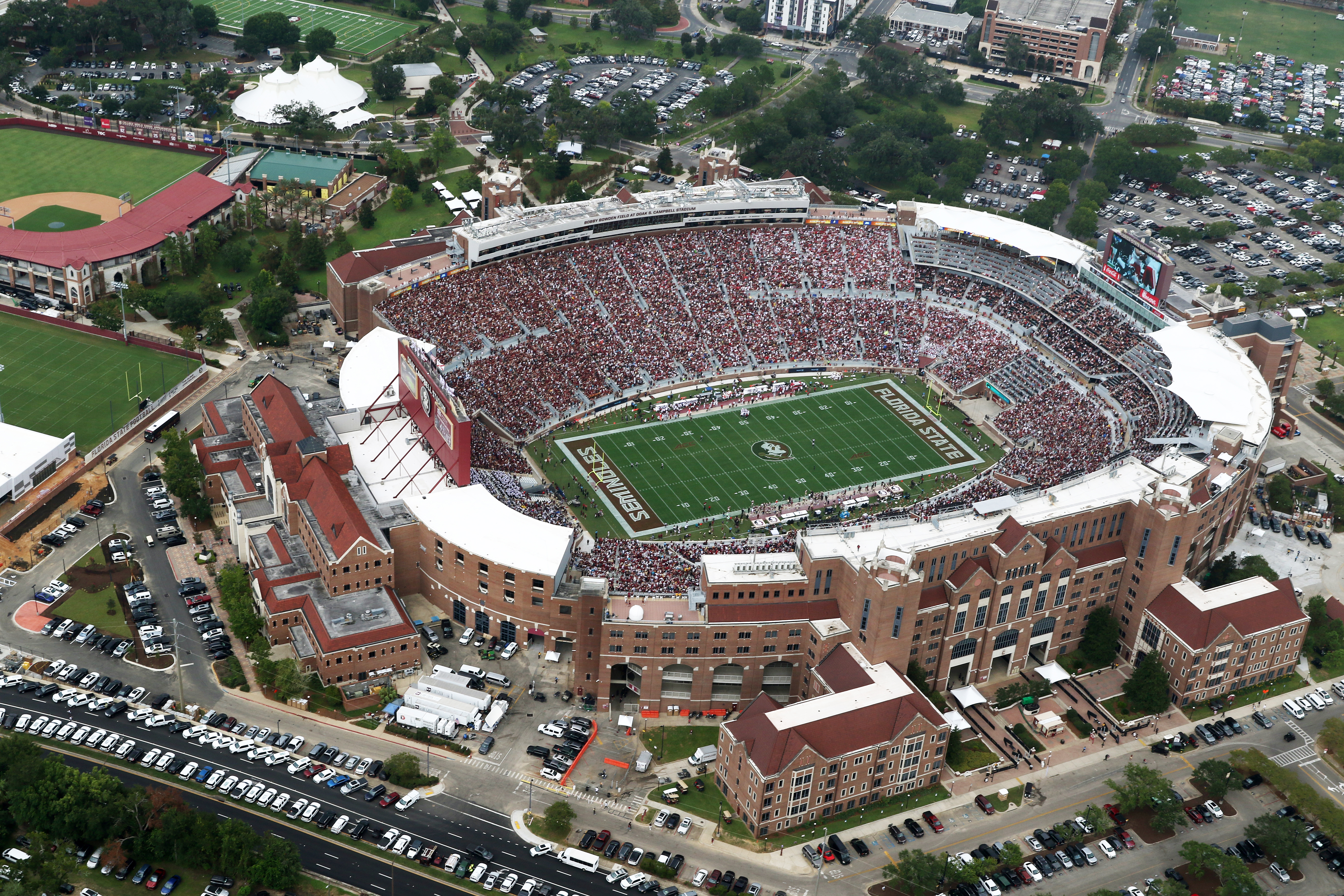 Aerial view of a packed football stadium during a Florida State Seminoles game